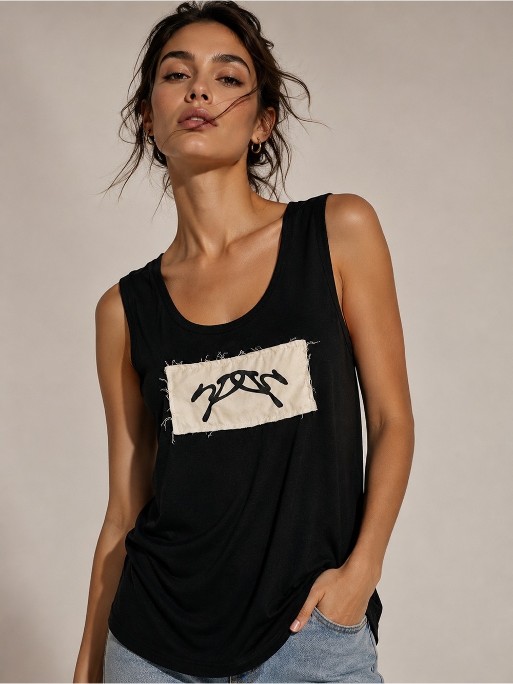 Nicole Paloma Logo Tank Top | Black Sleeveless Graphic Tank | Size Small